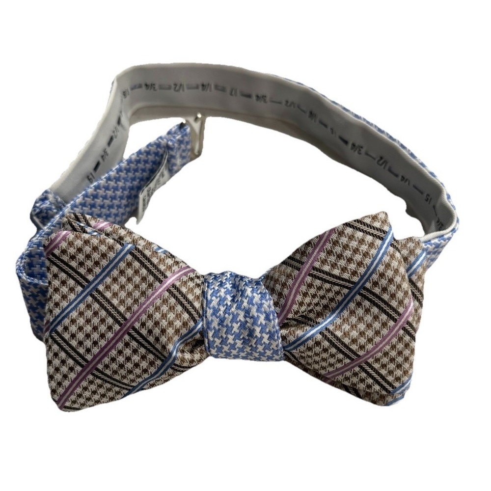 DION Premium Men's All Silk LUXURY Plaid Adjustable Bow Tie Blue Pink Brown Hues